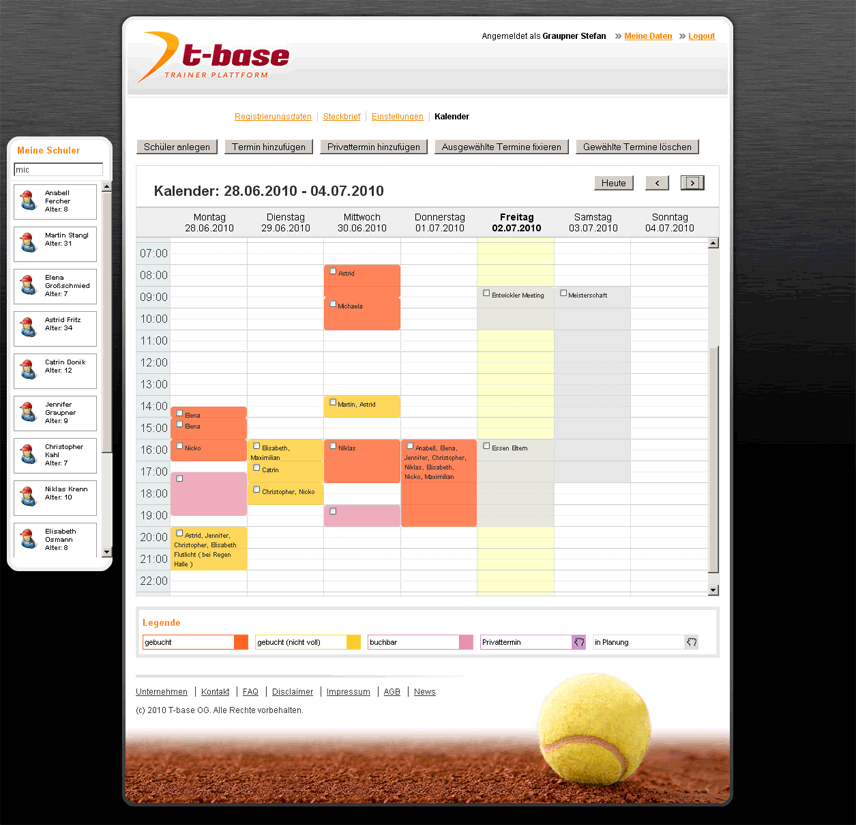 Screenshot Online-Kalender für Trainingstermine